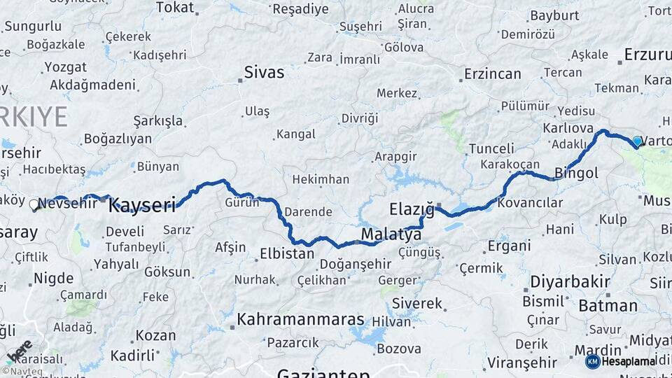 Muş Varto Nevşehir Arası Kaç Km - Yol Haritası