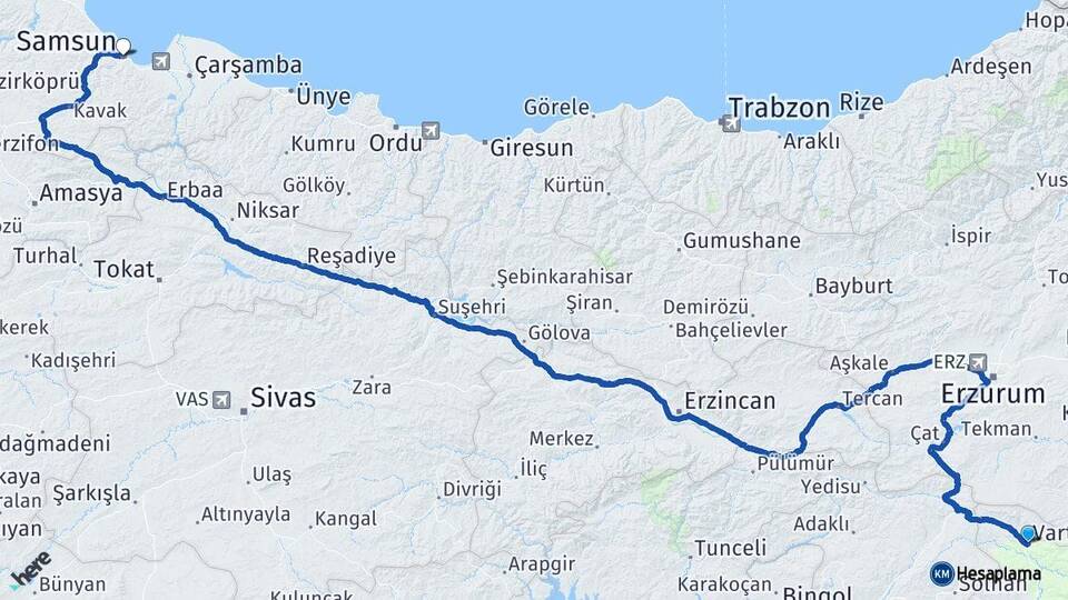 Muş Varto Samsun Arası Kaç Km - Yol Haritası