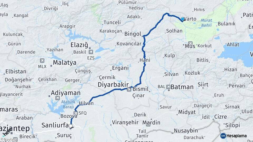 Muş Varto Şanlıurfa Arası Kaç Km - Yol Haritası