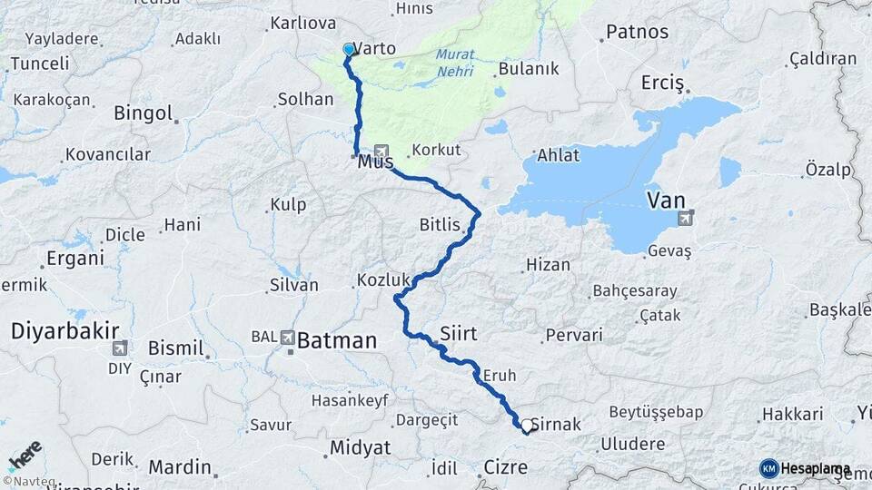 Muş Varto Şırnak Arası Kaç Km - Yol Haritası