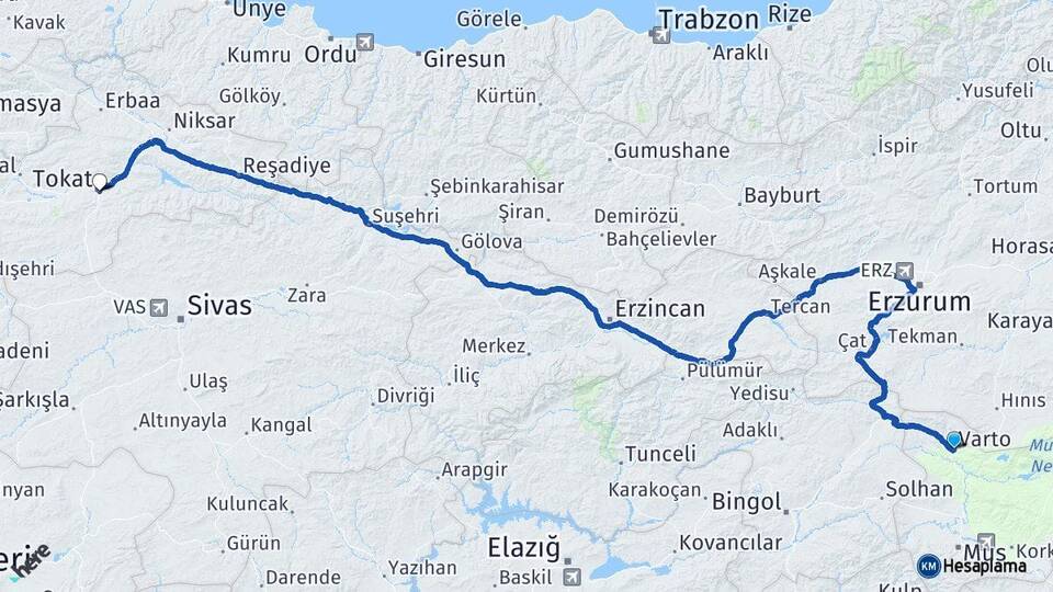 Muş Varto Tokat Arası Kaç Km - Yol Haritası