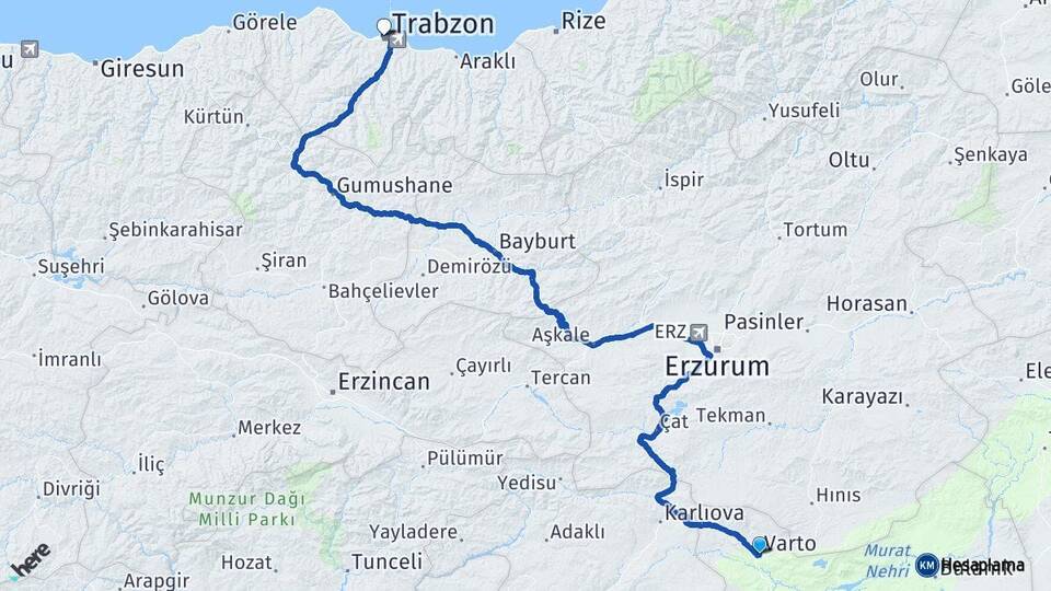Muş Varto Trabzon Arası Kaç Km - Yol Haritası