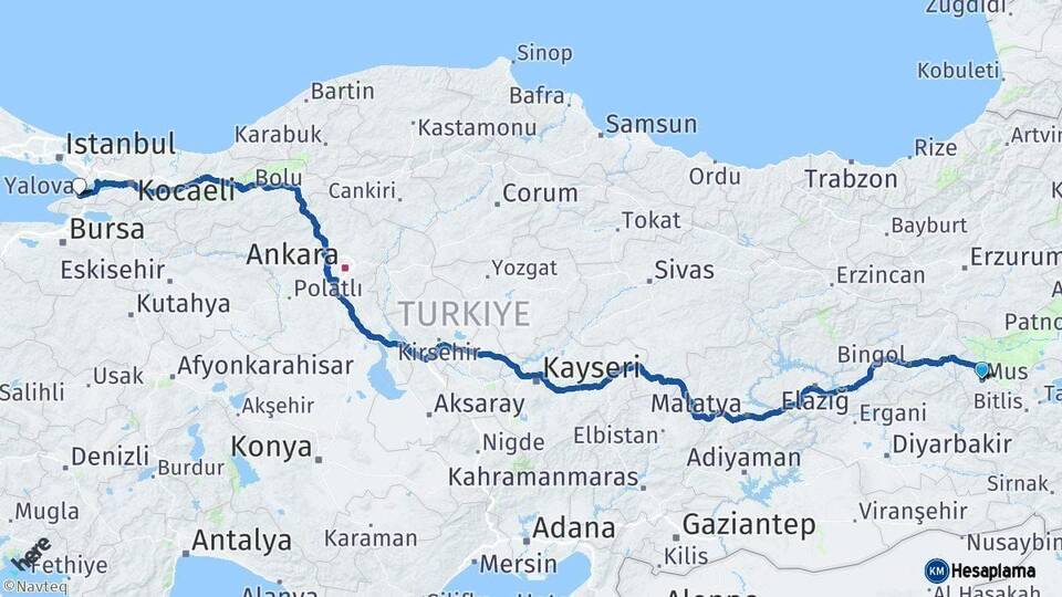 Muş Yalova Arası Kaç Km - Yol Haritası