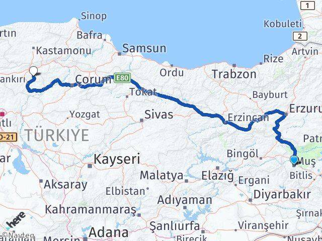 Muş Yapraklı Çankırı Arası Kaç Km - Yol Haritası