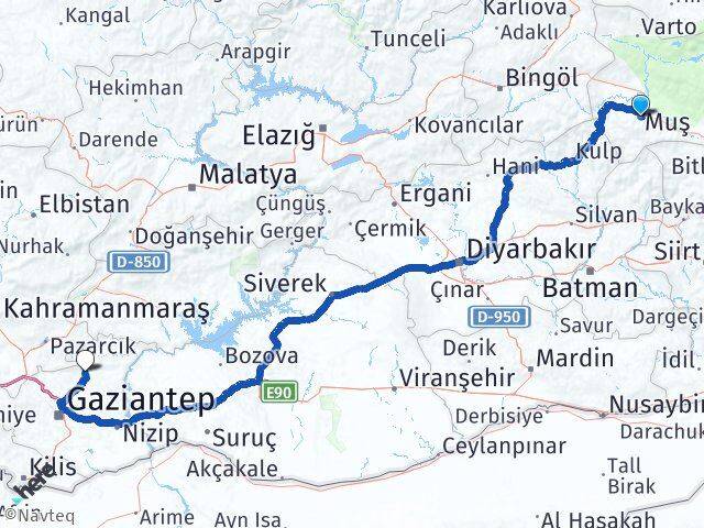 Muş Yavuzeli Gaziantep Arası Kaç Km - Yol Haritası