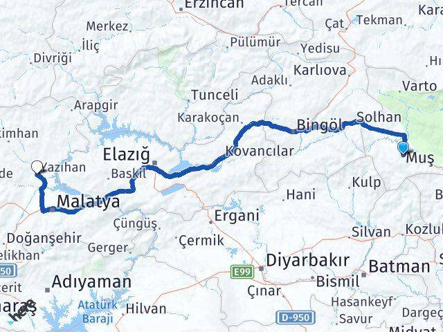 Muş Yazıhan Malatya Arası Kaç Km - Yol Haritası