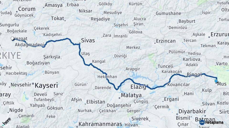 Muş Yozgat Arası Kaç Km - Yol Haritası