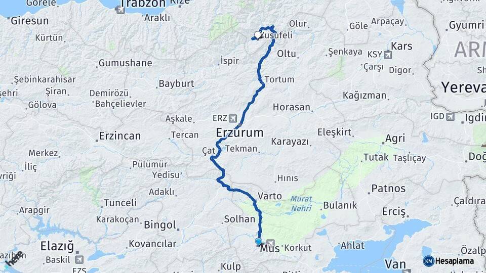 Muş Yusufeli Artvin Arası Kaç Km - Yol Haritası