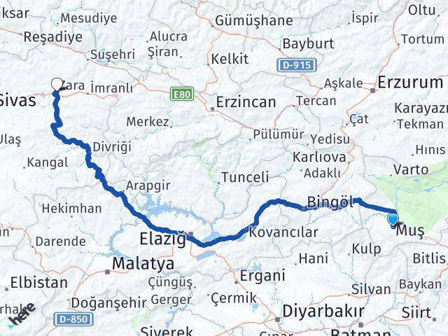 Muş Zara Sivas Arası Kaç Km - Yol Haritası