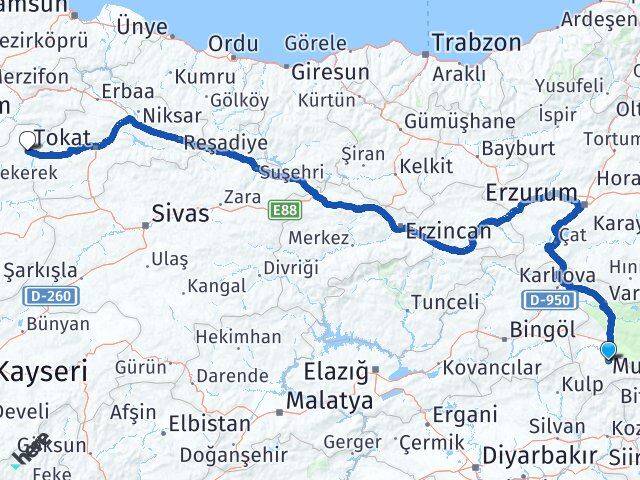 Muş Zile Tokat Arası Kaç Km - Yol Haritası
