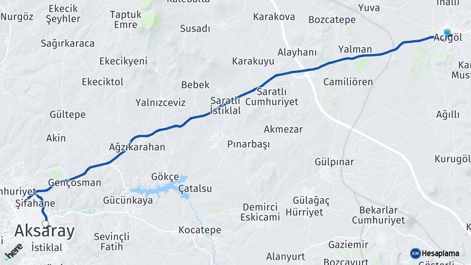 Nevşehir Acıgöl Aksaray Arası Kaç Km - Yol Haritası