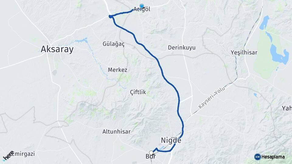 Nevşehir Acıgöl Bor Niğde Arası Kaç Km - Yol Haritası