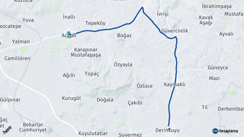 Nevşehir Acıgöl Derinkuyu Arası Kaç Km - Yol Haritası