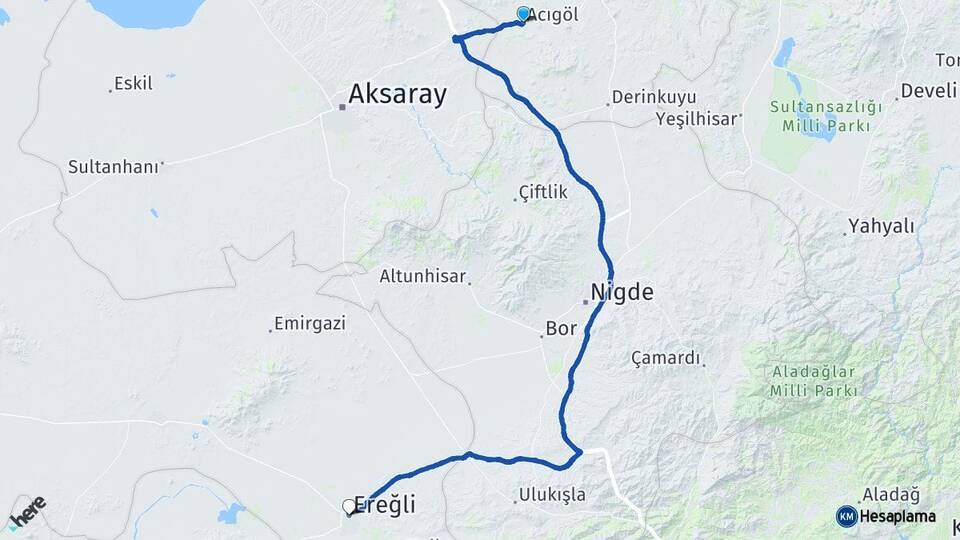 Nevşehir Acıgöl Ereğli Konya Arası Kaç Km - Yol Haritası