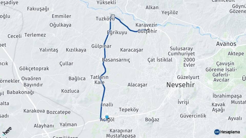 Nevşehir Acıgöl Gülşehir Arası Kaç Km - Yol Haritası
