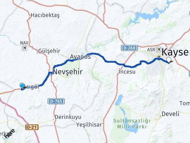 Nevşehir Acıgöl Talas Kayseri Arası Kaç Km - Yol Haritası