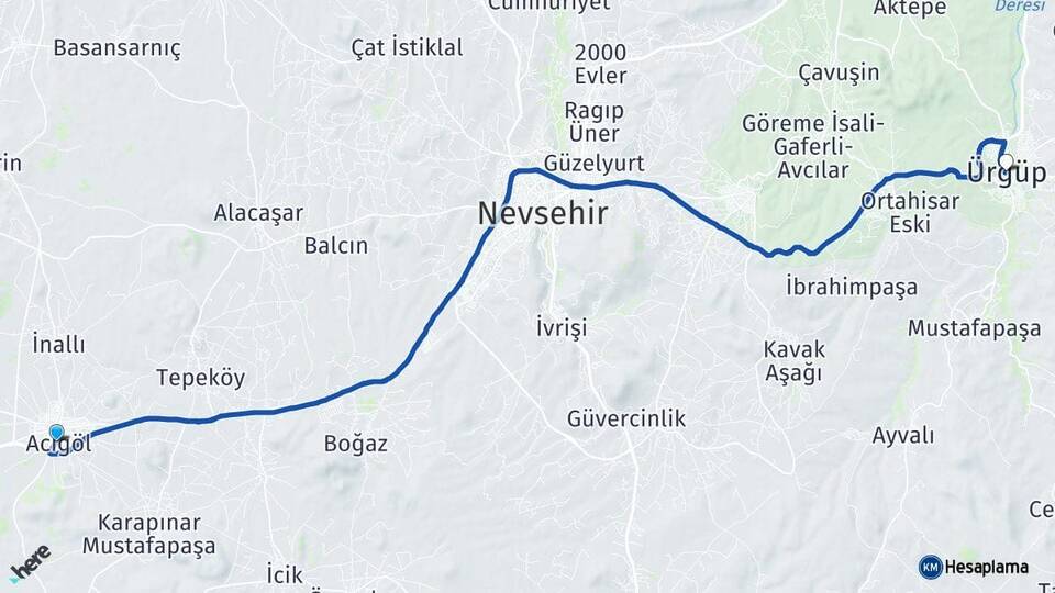 Nevşehir Acıgöl Ürgüp Arası Kaç Km - Yol Haritası
