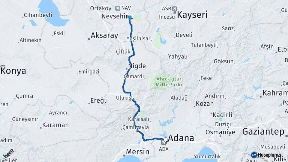 Nevşehir Adana Arası Kaç Km - Yol Haritası