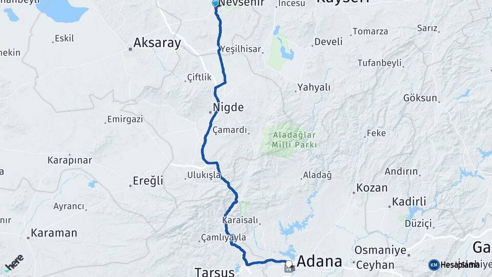 Nevşehir Adana Havalimanı Arası Kaç Km - Yol Haritası