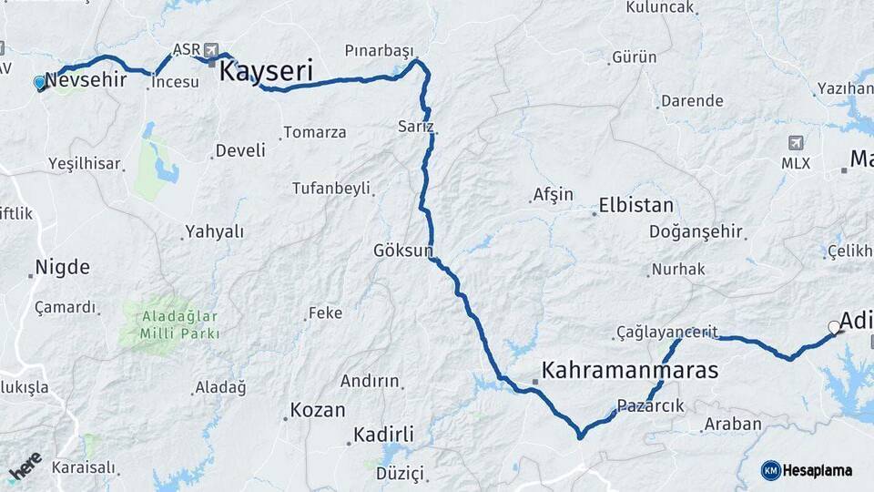 Nevşehir Adıyaman Arası Kaç Km - Yol Haritası