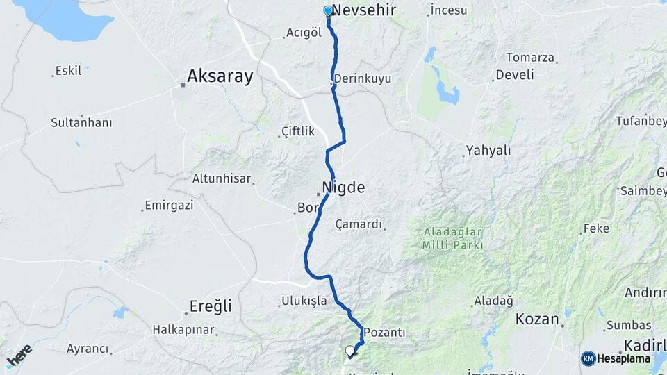 Nevşehir Akçatekir Pozantı Adana Arası Kaç Km - Yol Haritası