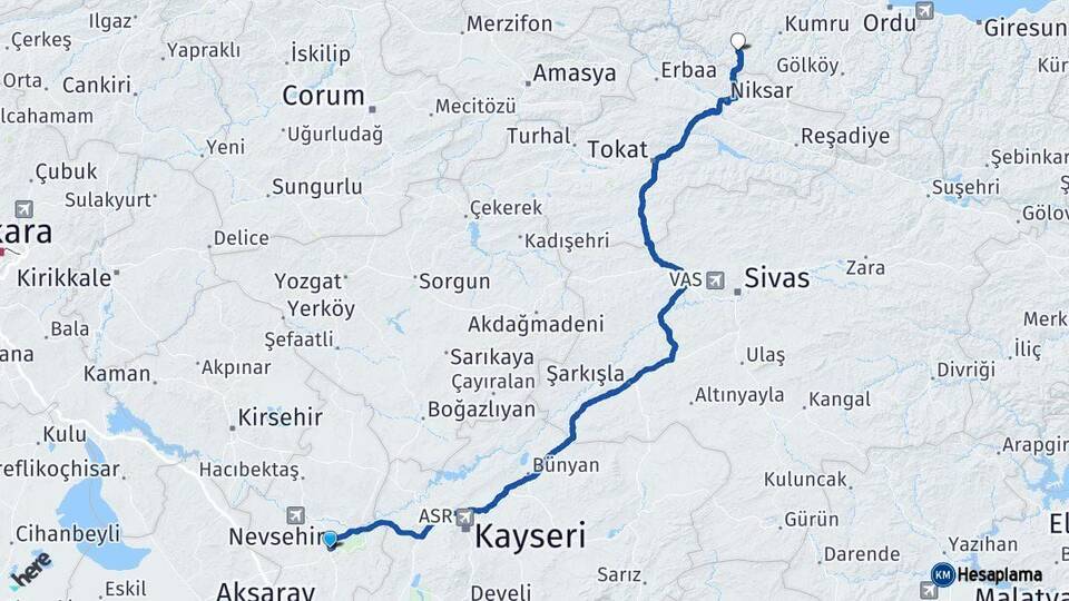 Nevşehir Akkuş Ordu Arası Kaç Km - Yol Haritası