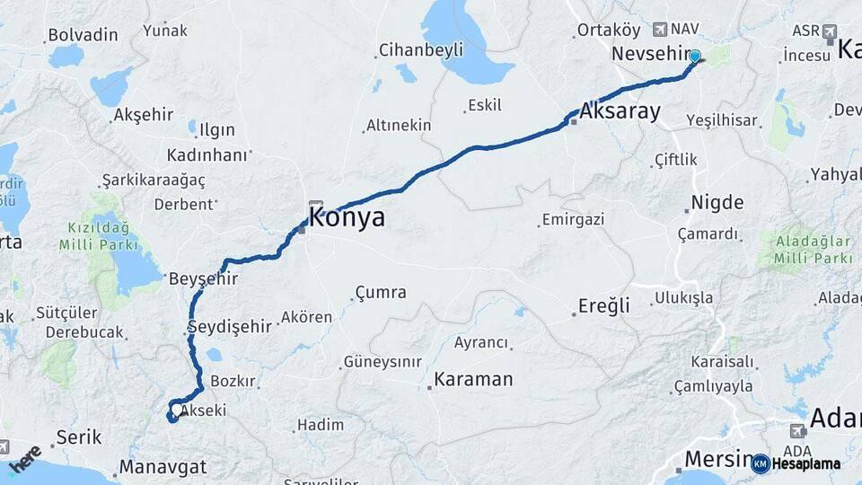 Nevşehir Akseki Antalya Arası Kaç Km - Yol Haritası