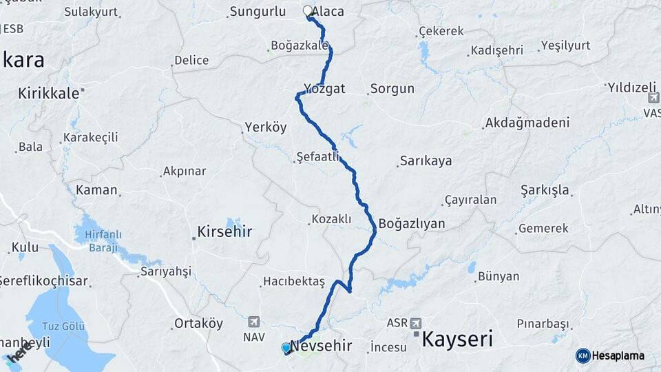 Nevşehir Alaca Çorum Arası Kaç Km - Yol Haritası
