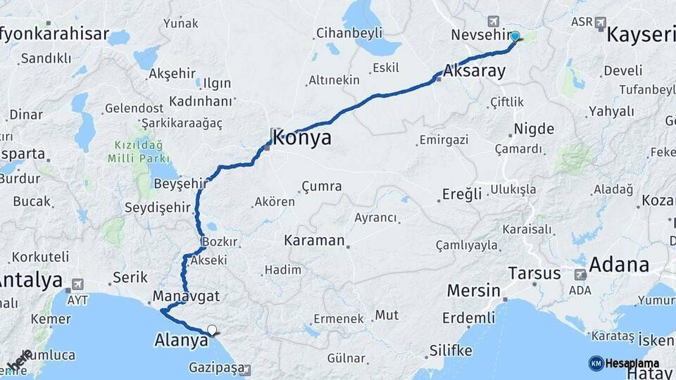 Nevşehir Alanya Antalya Arası Kaç Km - Yol Haritası