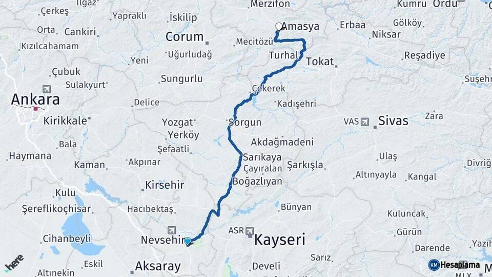 Nevşehir Amasya Arası Kaç Km - Yol Haritası