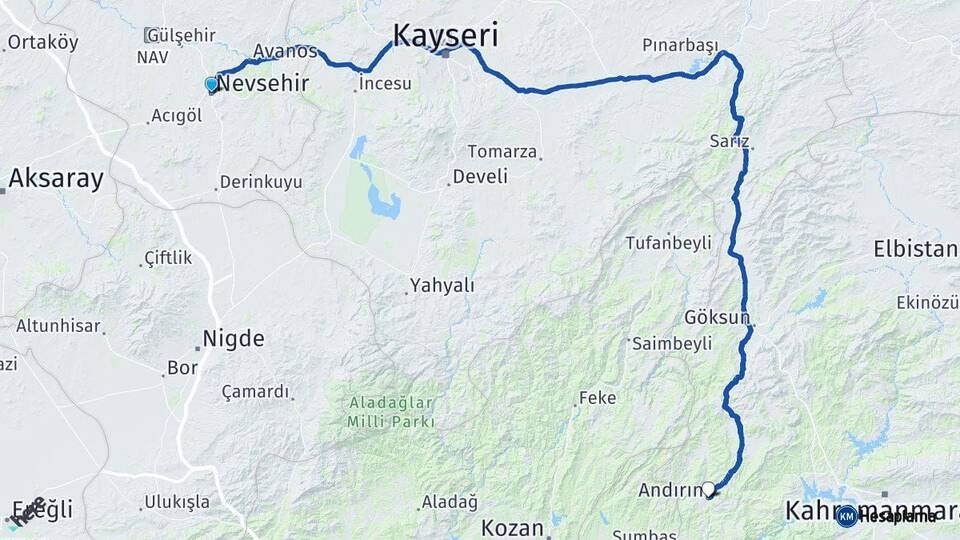 Nevşehir Andırın Kahramanmaraş Arası Kaç Km - Yol Haritası