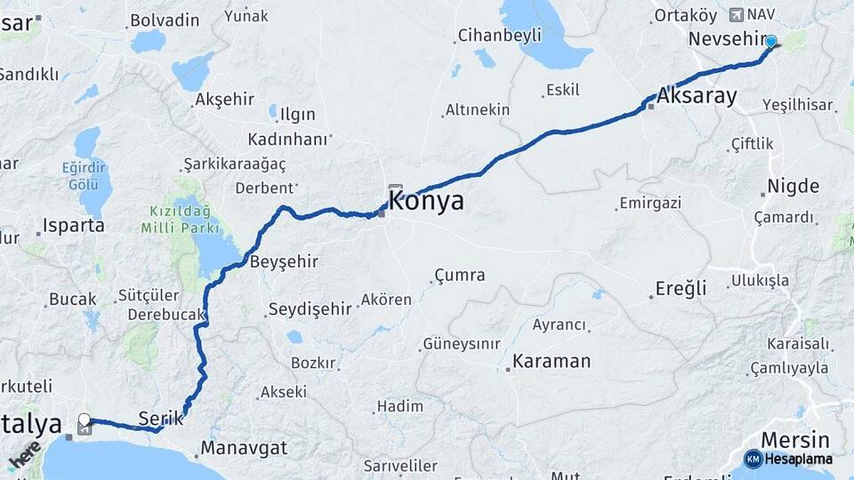 Nevşehir Antalya Havalimanı Arası Kaç Km - Yol Haritası