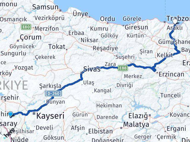 Nevşehir Araklı Trabzon Arası Kaç Km - Yol Haritası