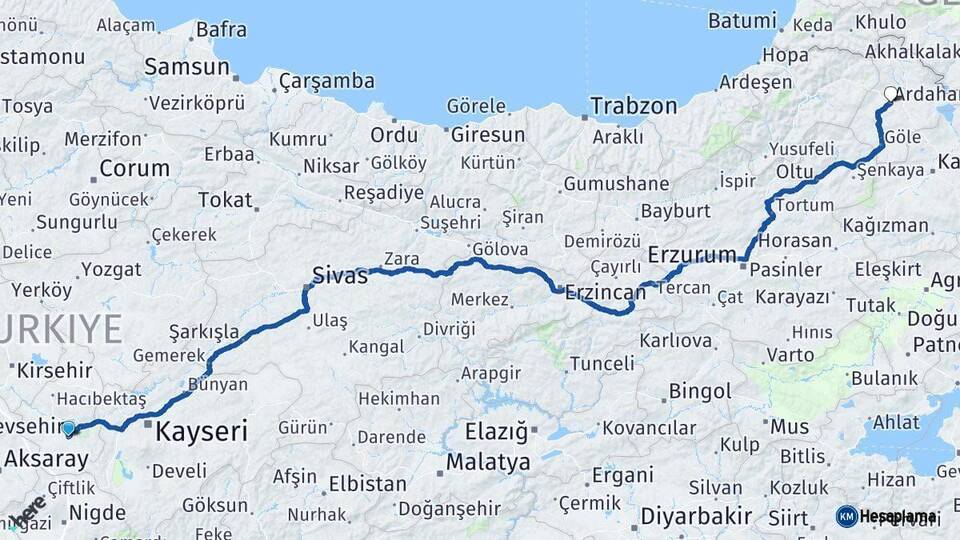Nevşehir Ardahan Arası Kaç Km - Yol Haritası