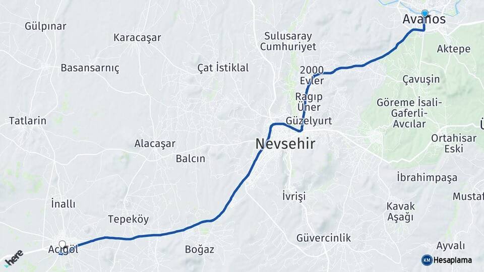 Nevşehir Avanos Acıgöl Arası Kaç Km - Yol Haritası