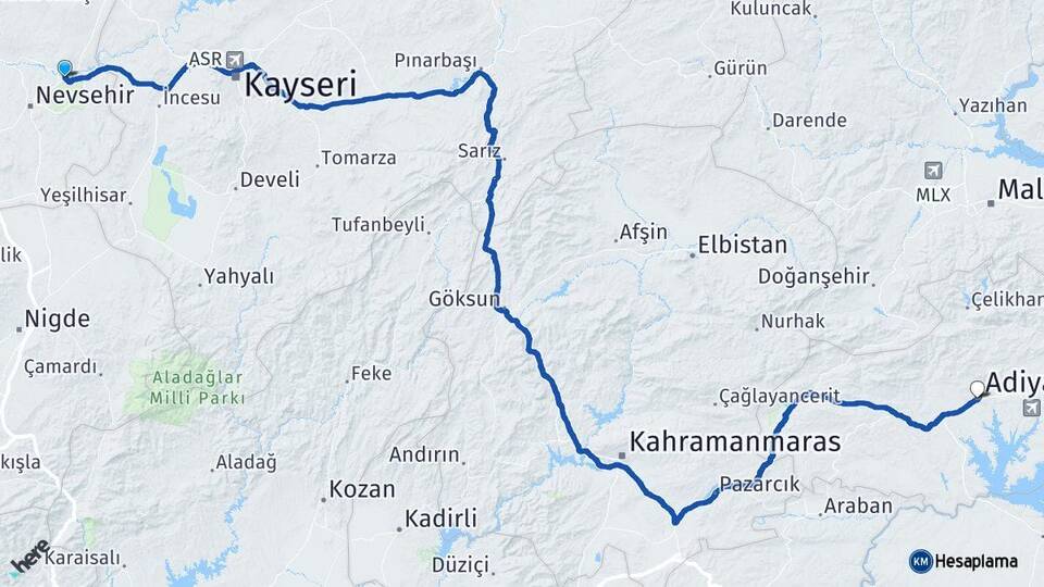 Nevşehir Avanos Adıyaman Arası Kaç Km - Yol Haritası