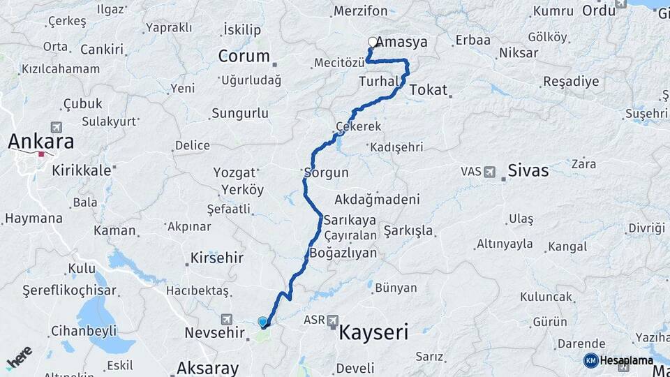 Nevşehir Avanos Amasya Arası Kaç Km - Yol Haritası