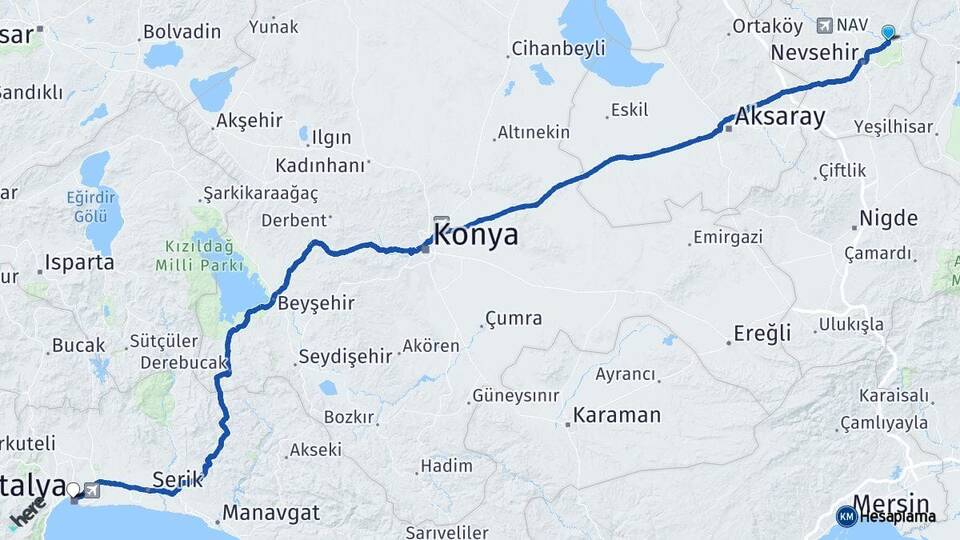 Nevşehir Avanos Antalya Arası Kaç Km - Yol Haritası
