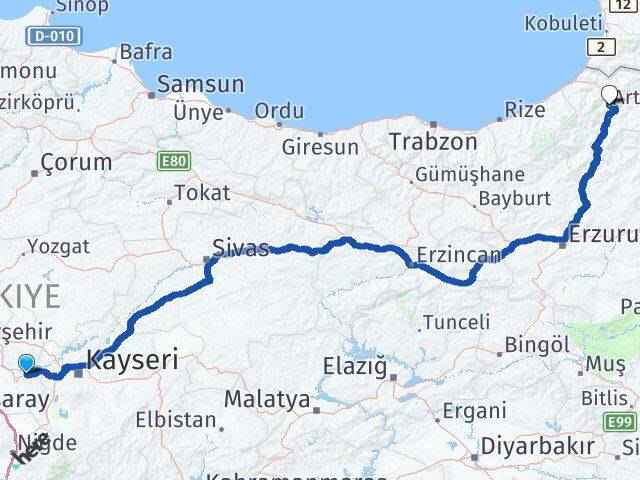 Nevşehir Avanos Artvin Arası Kaç Km - Yol Haritası