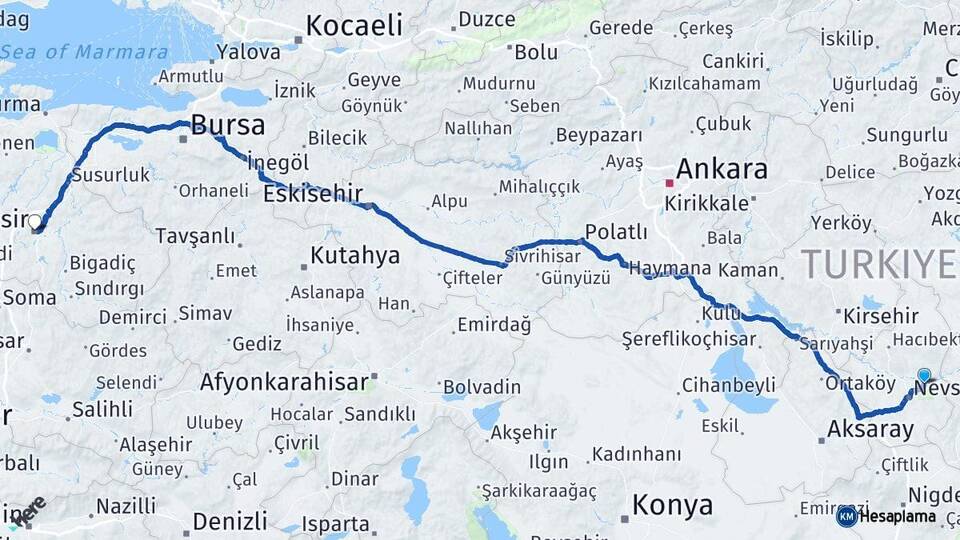 Nevşehir Avanos Balıkesir Arası Kaç Km - Yol Haritası