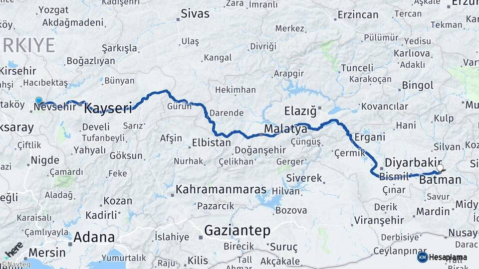 Nevşehir Avanos Batman Arası Kaç Km - Yol Haritası