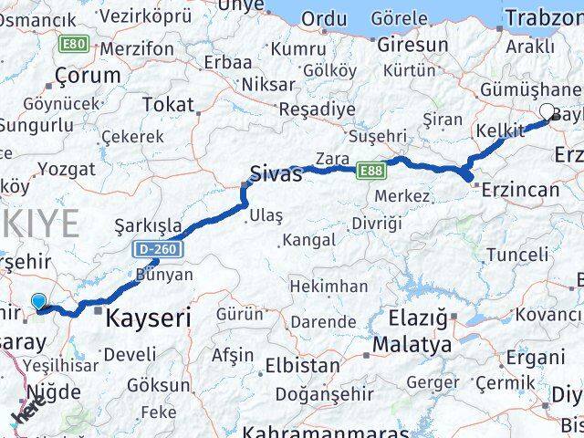 Nevşehir Avanos Bayburt Arası Kaç Km - Yol Haritası