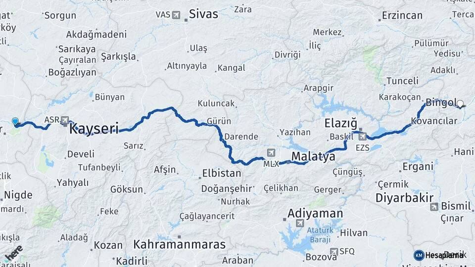 Nevşehir Avanos Bingöl Arası Kaç Km - Yol Haritası