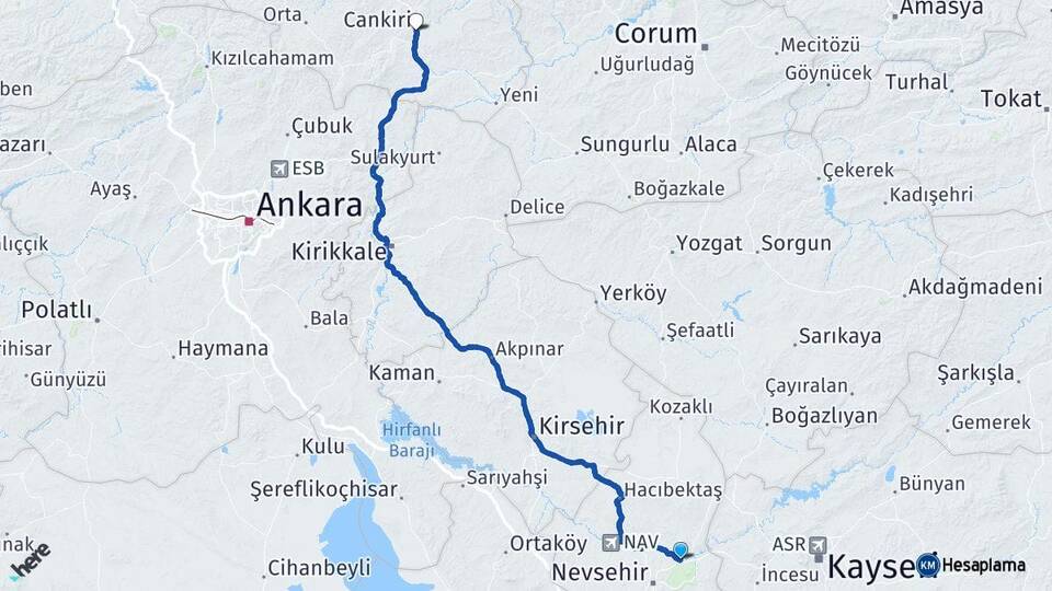Nevşehir Avanos Çankırı Arası Kaç Km - Yol Haritası