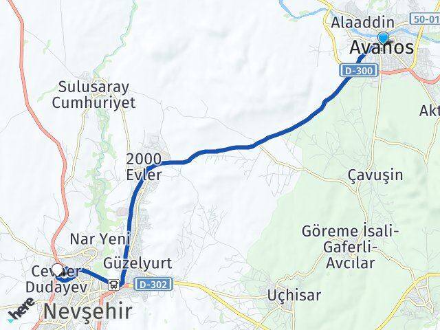 Nevşehir Avanos Cevher Dudayev Arası Kaç Km - Yol Haritası