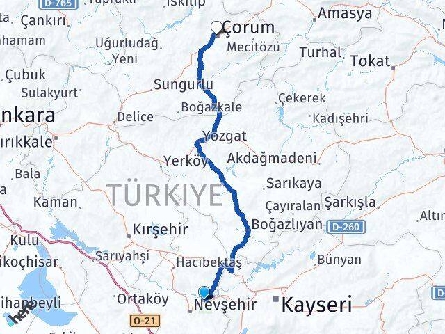 Nevşehir Avanos Çorum Arası Kaç Km - Yol Haritası