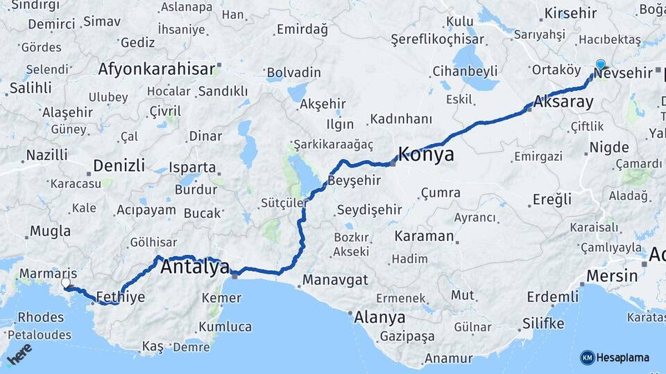 Nevşehir Avanos Dalaman Muğla Arası Kaç Km - Yol Haritası