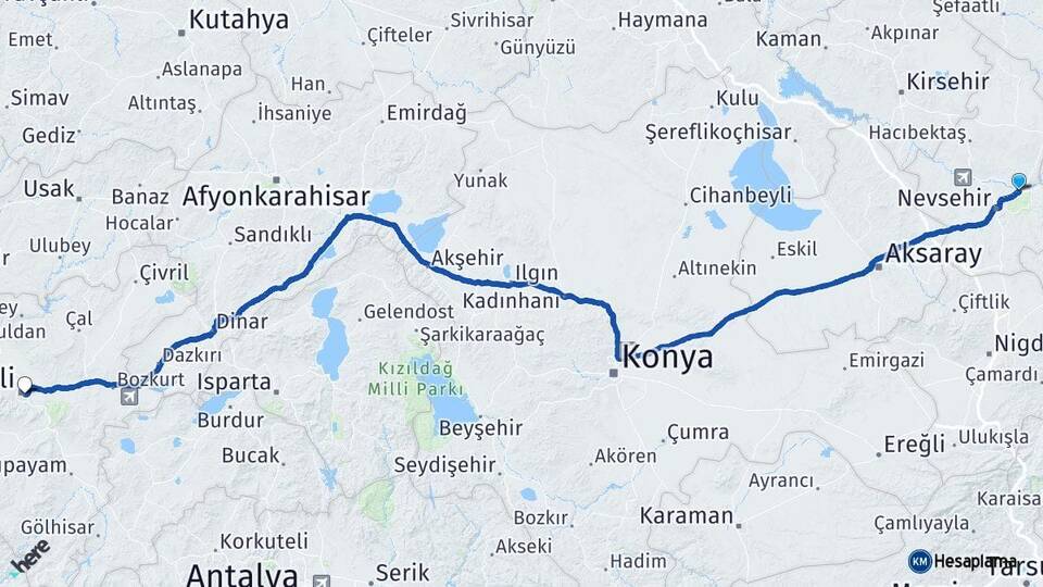 Nevşehir Avanos Denizli Arası Kaç Km - Yol Haritası