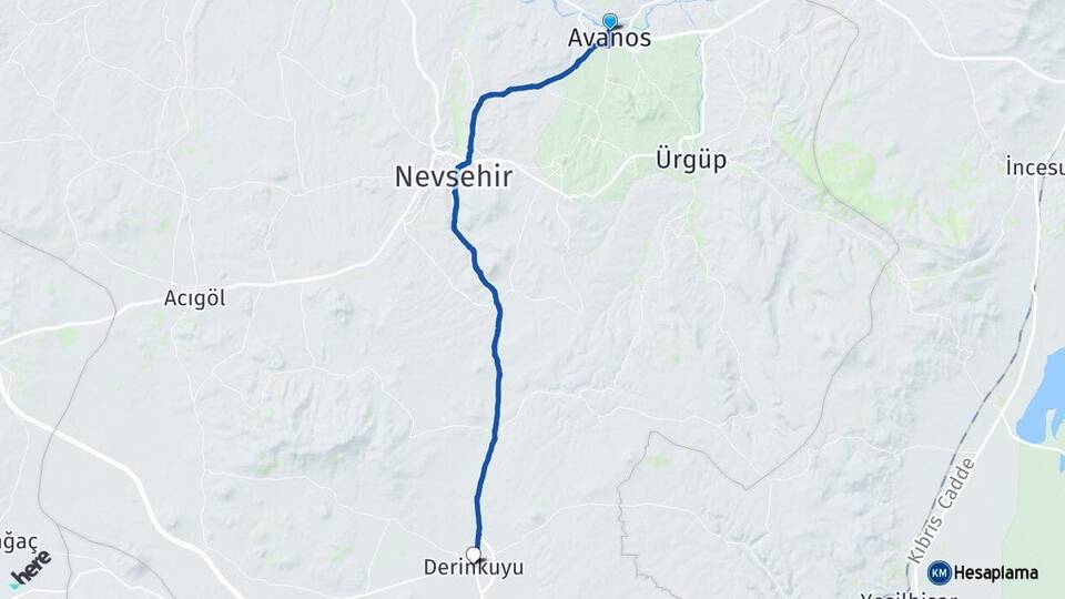 Nevşehir Avanos Derinkuyu Arası Kaç Km - Yol Haritası