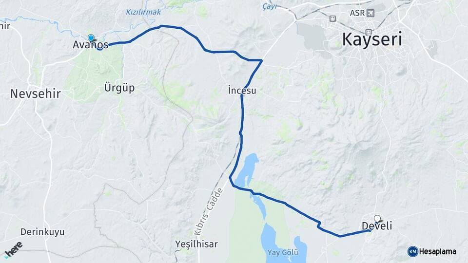 Nevşehir Avanos Develi Kayseri Arası Kaç Km - Yol Haritası